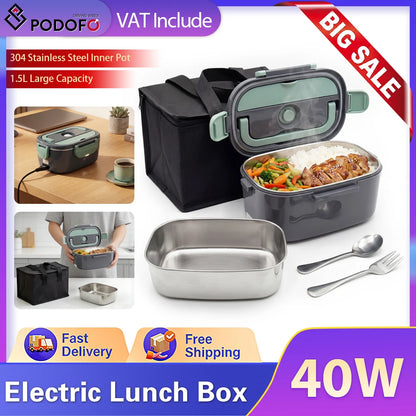 Podofo 1.5L 60W Electric Lunch Box Food Warmer Portable Food Heater Dual Power for Home,Car,Office,Commuters,Drivers,Truckers